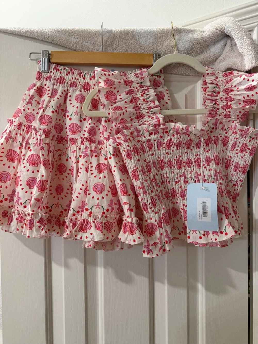 Hill House Pink Seashell Smocked Crop Top & Ruffled Skirt Set